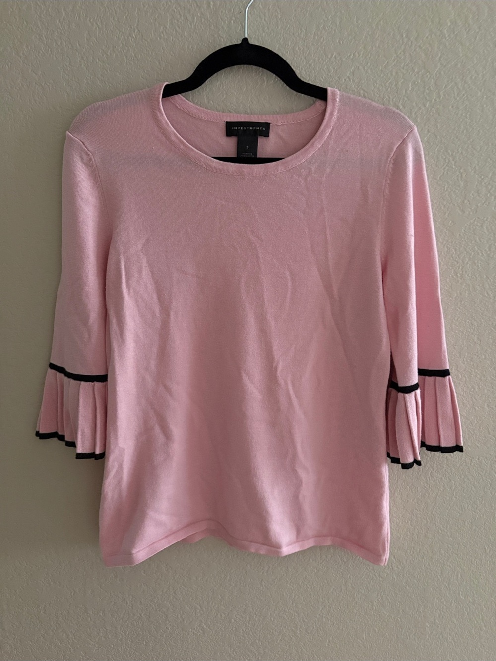 Investments Pink Knit 3/4 Sleeve Top with Pleated Black Trim